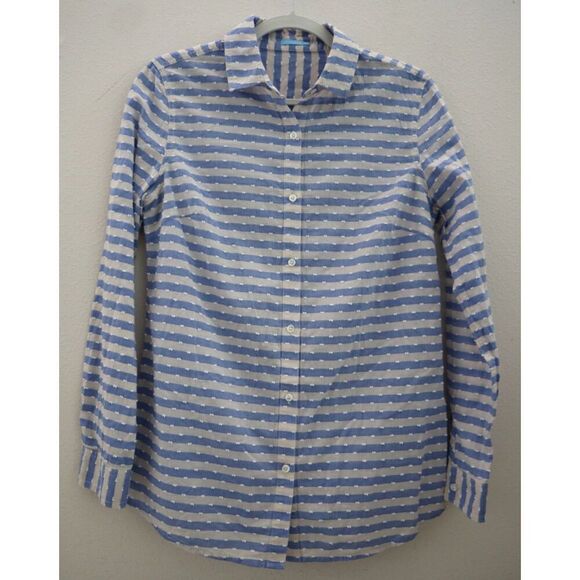 J. McLaughlin Women's Sz S Blue/Cream Striped Swiss Dot Button-Up L/S Shirt - Picture 1 of 6